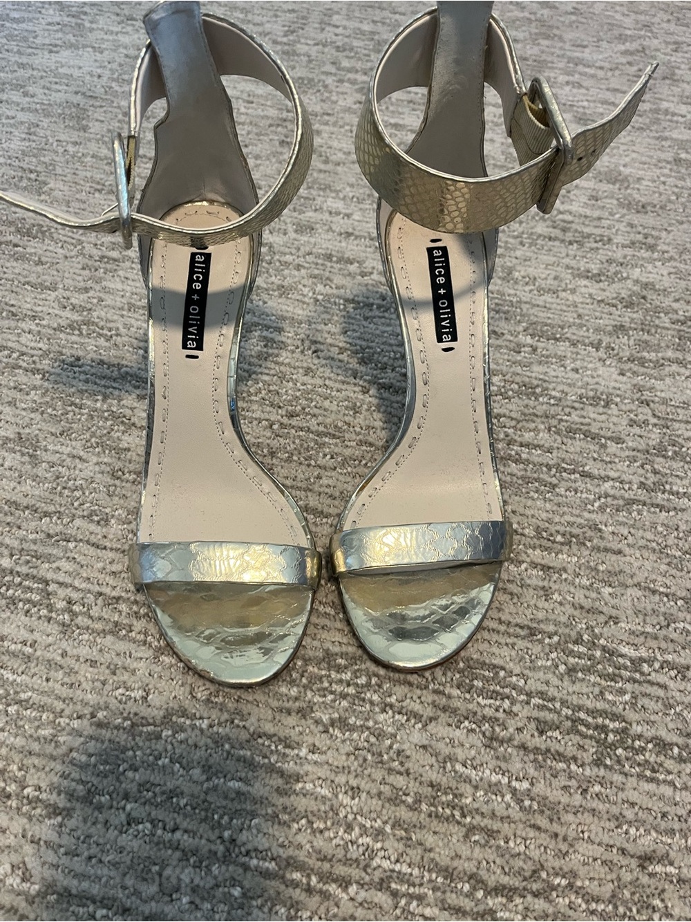 Alice + Olivia Metallic Gold Snake-Texture Ankle-Strap Heels